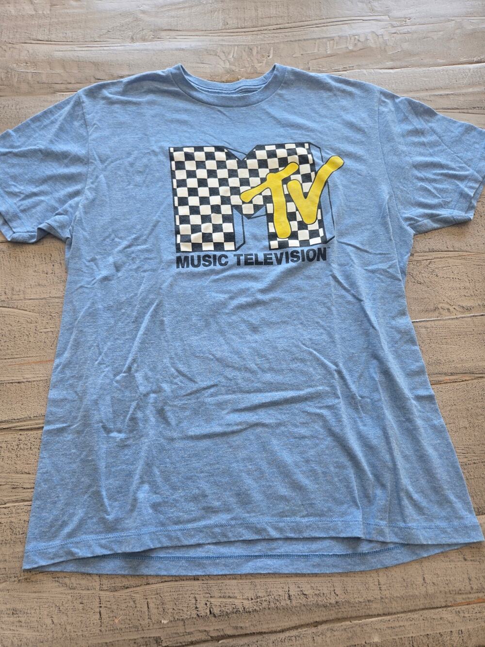 MTV Light Blue Checkerboard Graphic Tee Mens Large Retro